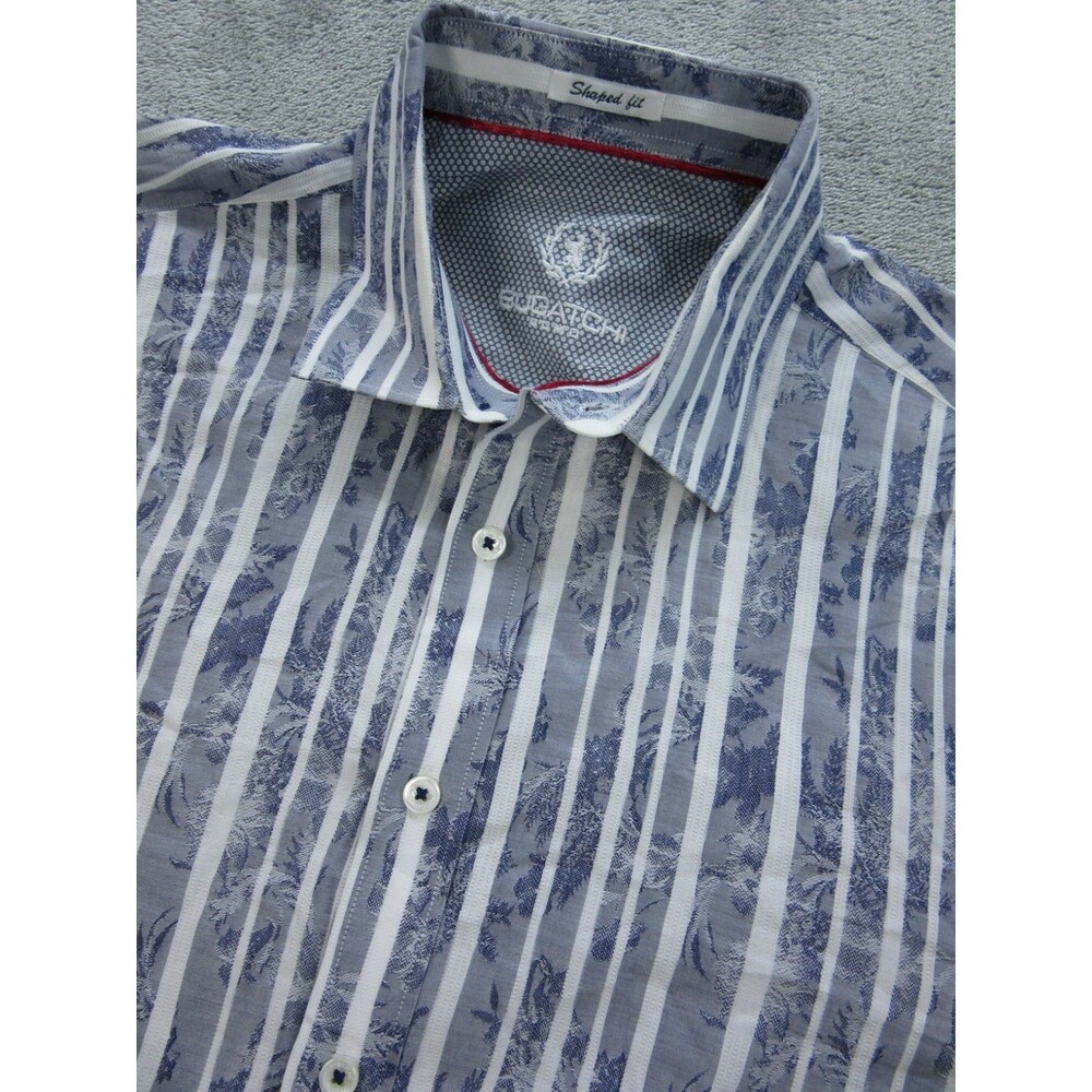 Bugatchi Dress Shirt Mens Small Flip Cuff Shaped Fit Striped Floral Blue Preppy